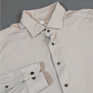 Emanuel Berg Button Down Shirt Mens 17.5 Modern Fit Tan Geometric Long Sleeve